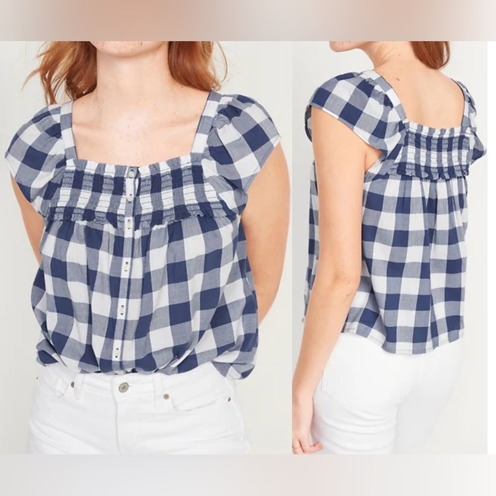 Old Navy Flutter Sleeve Gingham Smocked Swing Blouse Top M Cottagecore Beach